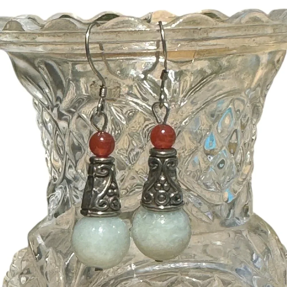 Vintage 925 Sterling Silver Dangle Earrings With Carnelian & Jade Beads Morocco - Picture 6 of 12